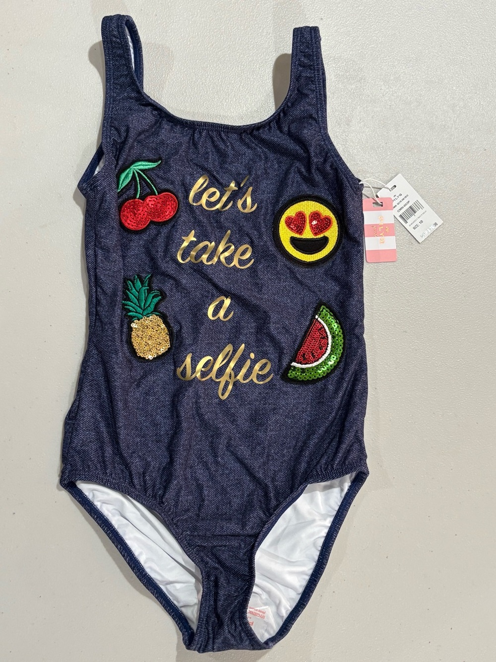 PQ Swim Navy One-Piece with Fruit & Emoji Patches and Gold Script